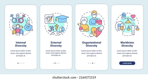 Workplace diversity onboarding mobile app screen. Corporate tolerance walkthrough 4 steps editable graphic instructions with linear concepts. UI, UX, GUI template. Myriad Pro-Bold, Regular fonts used