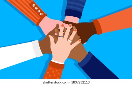 Workplace diversity - Team of diverse people putting their hands together. Hands of different colour vector illustration.