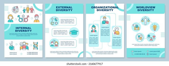 Workplace diversity turquoise brochure template. Team work. Leaflet design with linear icons. Editable 4 vector layouts for presentation, annual reports. Arial-Black, Myriad Pro-Regular fonts used