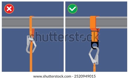Workplace do and do not of full body harness anchorage point illustration. Personal fall protection when work at height.