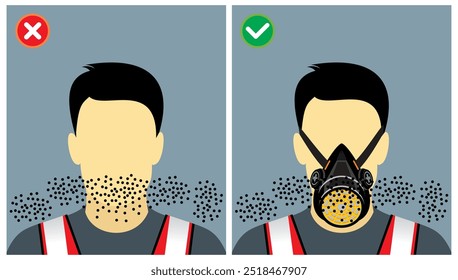 Ilustración de la práctica de seguridad de protección respiratoria en el lugar de trabajo. Use mascarilla respiratoria para evitar la inhalación de niebla, polvo, vapores, partículas Pequeñas y otros gases tóxicos.