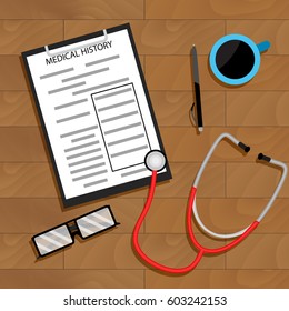 Workplace doctor top view vector. Diagnostic medicine, medication on table illustration