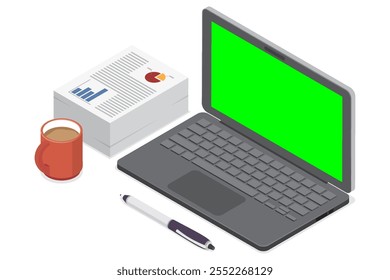 Arbeitsplatz mit Dokumenten. Laptop mit grünem Chromakey. Isometrische Vektorgrafik