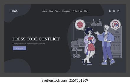 Workplace Dress Code Dispute concept. Illustration of a disagreement over office attire rules between employees. Office dynamics, policy communication. Vector illustration.