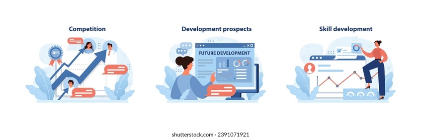 Workplace dynamics set featuring competition, development prospects, and skill enhancement. Charting the path to future success. Flat vector illustration.