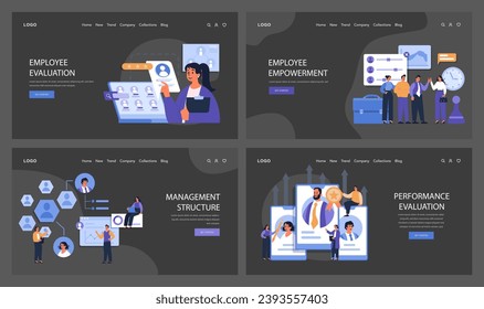 Dinámica del lugar de trabajo. Los equipos colaboran en las evaluaciones de los empleados, las iniciativas de empoderamiento, las estructuras de gestión y los exámenes del rendimiento. Toma de decisiones, liderazgo y crecimiento. Vector plano.