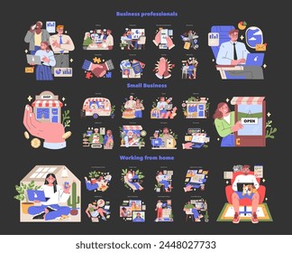 Workplace dynamics set. Varied scenes of professional collaboration, small business vitality, and home office setups captured with a cheerful tone. Vector illustration.