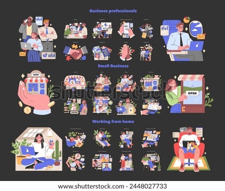 Workplace dynamics set. Varied scenes of professional collaboration, small business vitality, and home office setups captured with a cheerful tone. Vector illustration.