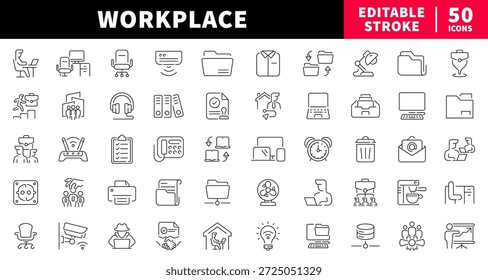 Iconos de línea editables en el lugar de trabajo con símbolos de oficina, negocios y productividad