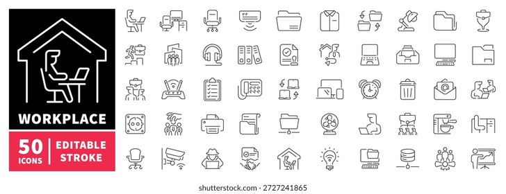 Workplace editable line icons set. office, linear job symbols