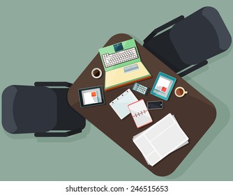 Workplace with electronic devices in flat design