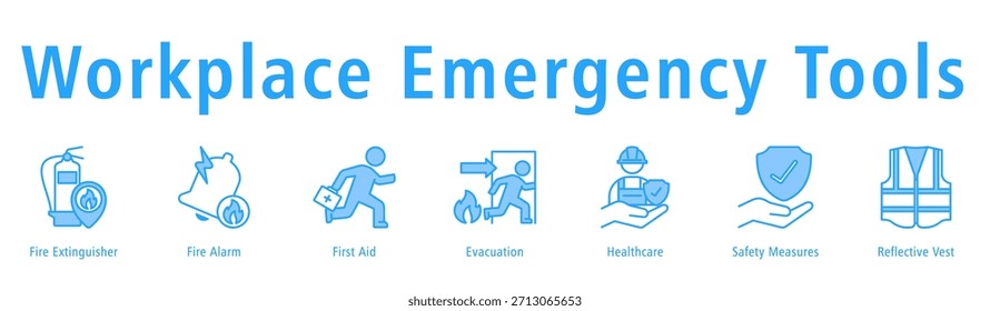 Banner der Notfallwerkzeuge am Arbeitsplatz mit Feuerlöscher, Feueralarm, Erste Hilfe, Evakuierung, Gesundheitswesen, Maßnahmen und Weste.