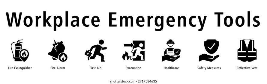 Workplace Emergency Tools banner showing Fire Extinguisher, Fire Alarm, First Aid, Evacuation, Healthcare, Measures, and Vest.