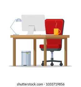 Workplace, an empty employee chair. Isolated objects on white background. Vector flat illustration.