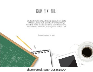 Workplace engineer in a top view. Technical workplace. Flat design vector illustration.