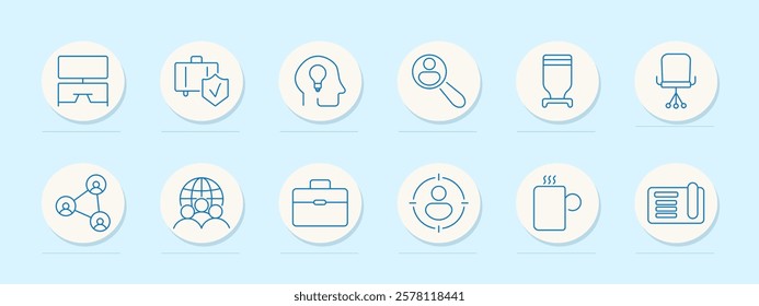 Workplace environment set icon. Desk, security, brainstorming, recruitment, meeting, teamwork, professional growth, leadership, relaxation, strategy, documentation