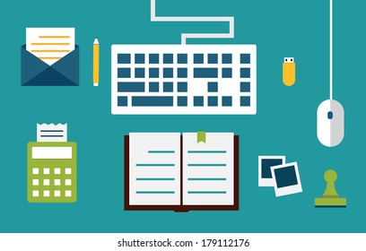 Workplace with equipment and documents for network and manage - vector illustration