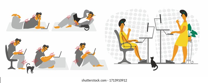 Workplace Ergonomics. . Ergonomic Computer Desk,  Home Office. Remote Work.  Stay At Home. Correct Organization Of The Workplace. Work From Home. Work At Home. Quarantine. Vector Illustration. 