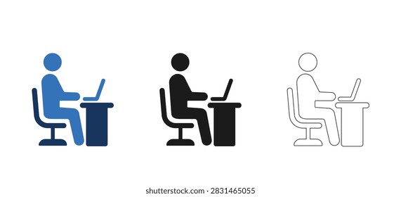 Workplace Ergonomics Icon, Remote Work Laptop Desk, Office Employee Sitting, Business Freelancer Vector Icon