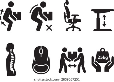 Workplace Ergonomics and Safe Lifting Icon Set Featuring Correct Posture, Incorrect Lifting, Ergonomic Office Chair, Standing Desk, Spine Alignment, Ergonomic Mouse, Team Lifting, and Weight Limit