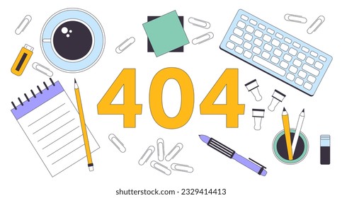 Workplace error 404 flash message. Office supplies. Stationery for work. Empty state ui design. Page not found popup cartoon image. Vector flat illustration concept on white background