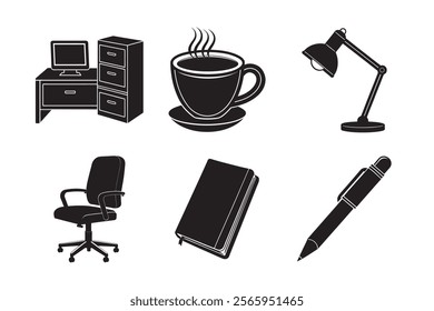 Workplace Essentials Silhouette Bundle Pen Notebook Coffee Cup Desk Lamp Office Chair Filing Cabinet