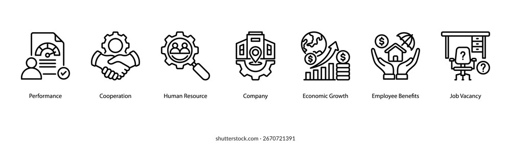 Workplace Essentials web banner icon vector illustration featuring Performance, Cooperation, Human Resource, Company, Economic Growth, Employee Benefits, and Job Vacancy.
