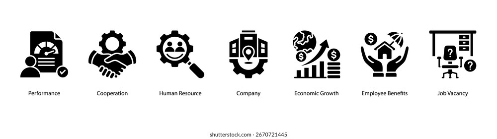 Workplace Essentials web banner icon vector illustration featuring Performance, Cooperation, Human Resource, Company, Economic Growth, Employee Benefits, and Job Vacancy.