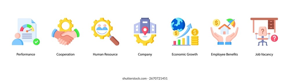 Ilustración vectorial de íconos de Anuncio de Web de Essentials para el lugar de trabajo con rendimiento, cooperación, recursos humanos, empresa, crecimiento económico, beneficios para empleados y oferta de empleo.