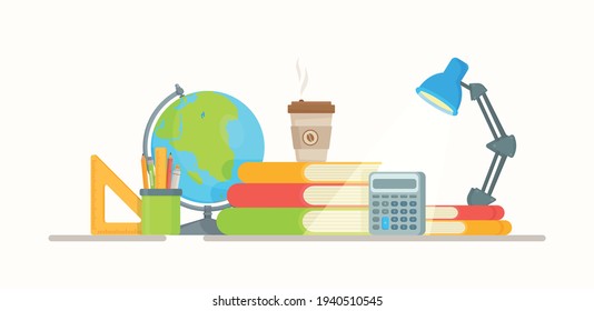 The workplace of every schoolboy or student. Vector illustration of school things and gadgets.