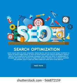 Workplace expert in SEO. Design concept for website promotion banner in flat style. Website development, search engine optimization. Online analytics marketing. Web design illustration with icons.