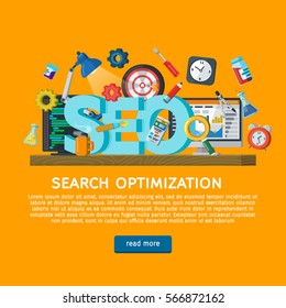 Workplace expert in SEO. Design concept for website promotion banner in flat style. Website development, search engine optimization. Web analytics elements. Web design illustration with icons.