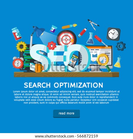 Workplace expert in SEO. Design concept for website promotion banner in flat style. Website development, search engine optimization. Online analytics marketing. Web design illustration with icons.