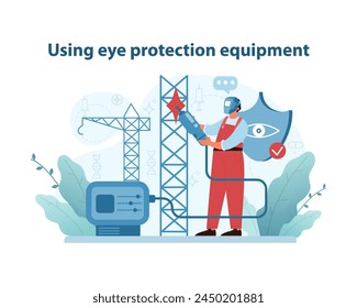 Ilustración de seguridad ocular en el trabajo. Un trabajador con equipo de protección utiliza equipos en una obra de construcción, haciendo hincapié en la importancia de la seguridad ocular. Ilustración vectorial plana.