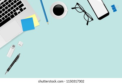 Workplace with eyeglasses, smart phone, laptop, pencil, pen, USB Flash Drive with coffee cup on mint green color background with copy space, Top view. Vector illustration