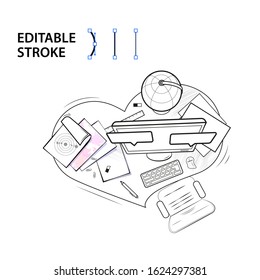 Workplace of female. Outline illustration. Vector illustration