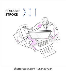 Workplace of female. Outline illustration. Vector illustration
