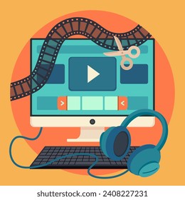 Workplace film editor flat illustration. Computer with headphones, videotape and scissors. The concept of video editing