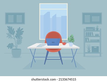 Workplace flat color vector illustration. Top manager workspace. Comfortable personal office. Business center. Modern furnished workroom 2D simple cartoon interior with window on background