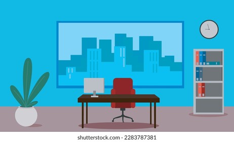 Workplace flat color vector illustration with city view on the background.