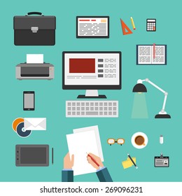Workplace flat design concept. Set of office objects icons. Workplace of a designer