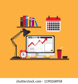 workplace flat design with screen, lamp, etc.