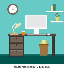 Workplace in flat design, table, clock, computer. lamp and shelves with books and plant on it. Cozy and comfort workplace for better and productive working.