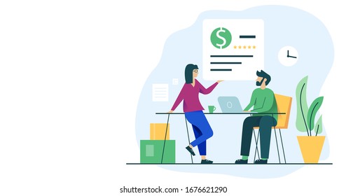 Workplace flat illustration with man and woman coworkers modern elements and design. Website header design.