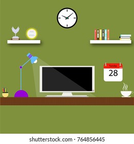 Workplace flat illustration. Office, study, desktop. Vector. 