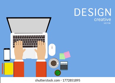 Workplace flat lay top view banner design, for work website. Home office concept.