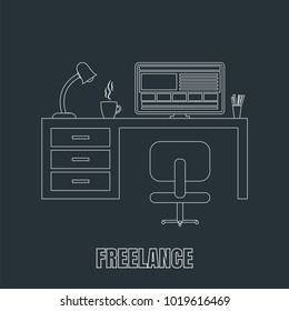 Workplace in a flat linear style. A table and a chair in the office. On the table is a computer, a lamp and a mug with coffee. Red background. Vector illustration.