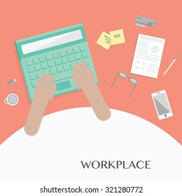 Workplace in flat style. Desktop with laptop, noted, cell-phone,