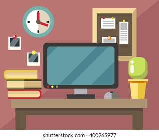 Workplace in flat style with elements monitor, watches, books, mouse, photos, blackboard, desk, houseplant. Office. Vector illustration