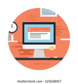 Workplace in flat style with elements Monitor